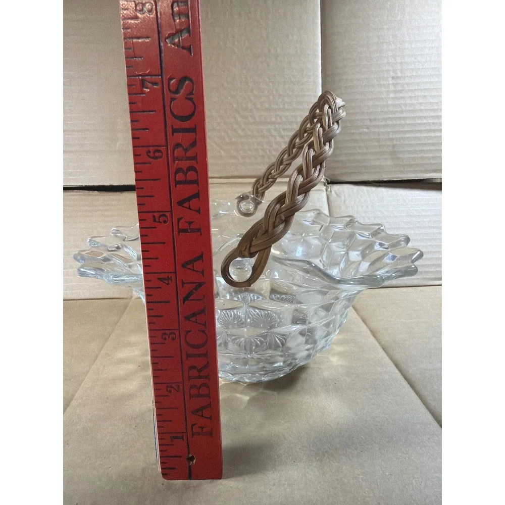 Rare Vintage Fostoria American Cube Glass Basket Wicker Handle Ruffled Rim